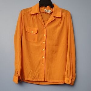 Vintage 100% Silk Vivid Orange Collared Blouse